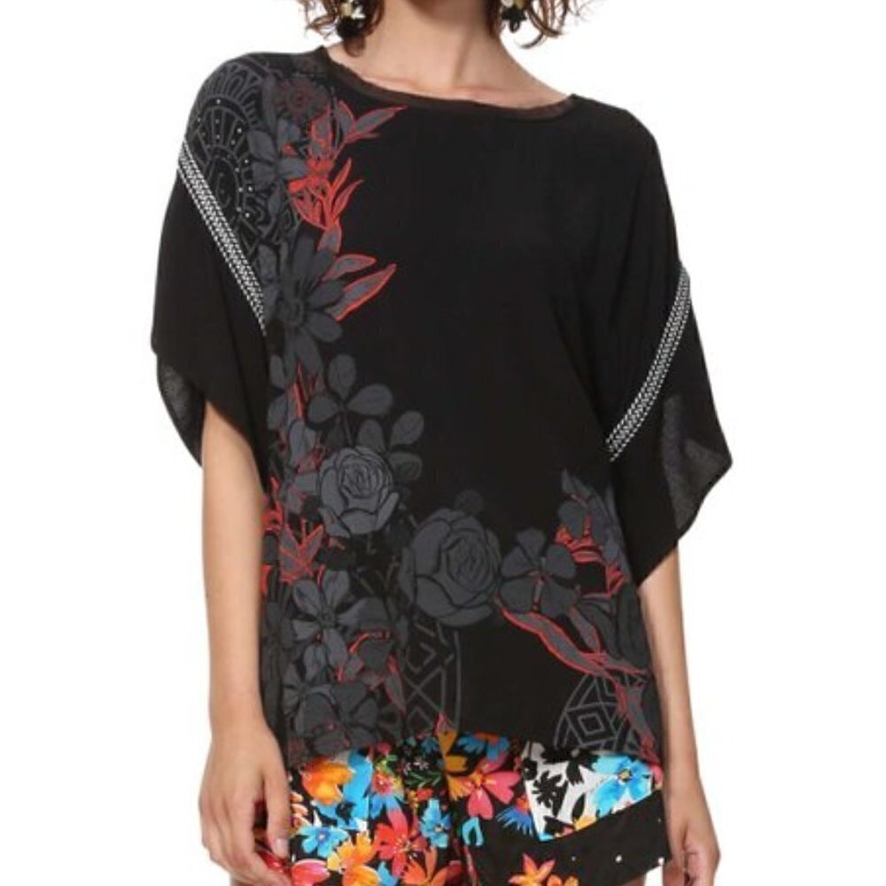 NWT Desigual Donna Loose Flowered Top Blouse Black size Small